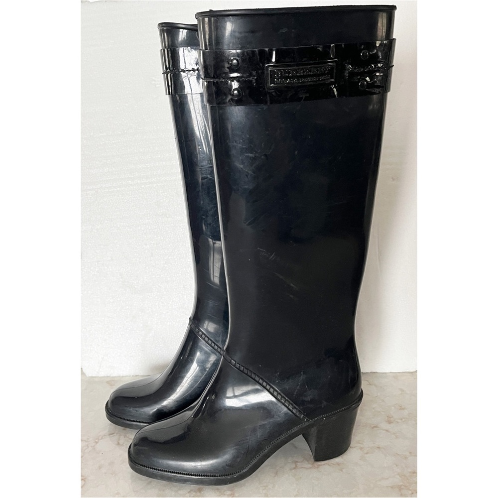 Burberry Black Knee High Heel Rain Boots Size 36 - Picture 2 of 12
